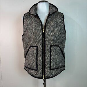 J. Crew Quilted Puffer Vest Small Black Ivory Herringbone Down-Filled Preppy